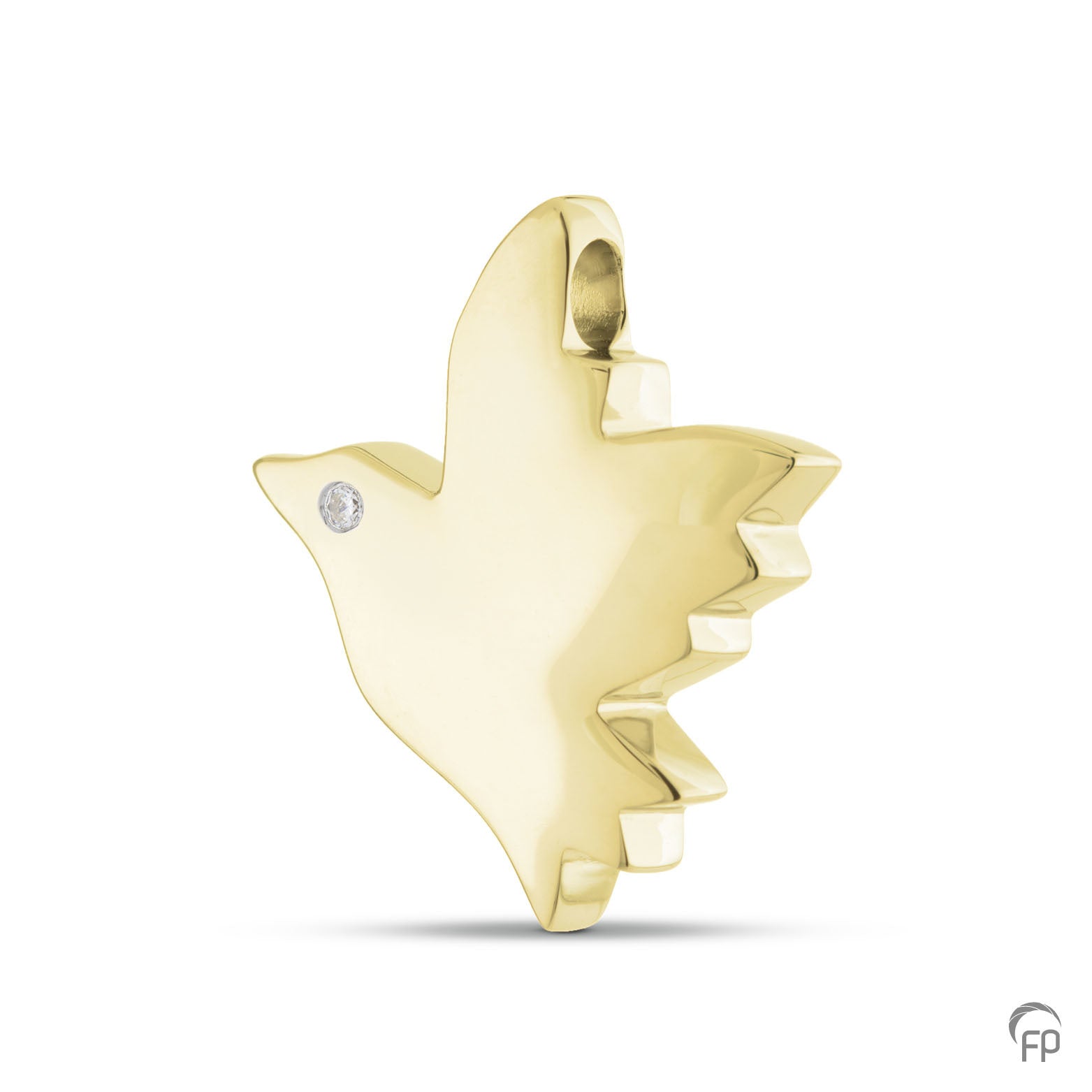 Hanger vogel, met in het oog in zilver een zirkonia, in goud een diamant.  De ashangers uit deze collectie gedenksieraden zijn eenvoudig zelf te vullen