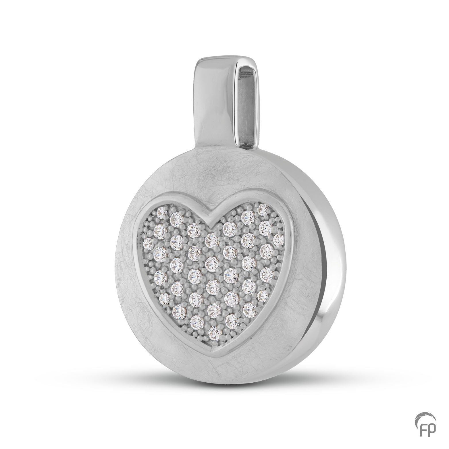 Ronde hanger met in het midden een hartje, in zilver uitgevoerd met zirkonia's, in goud met diamanten.  De ashangers uit deze collectie gedenksieraden zijn eenvoudig zelf te vullen