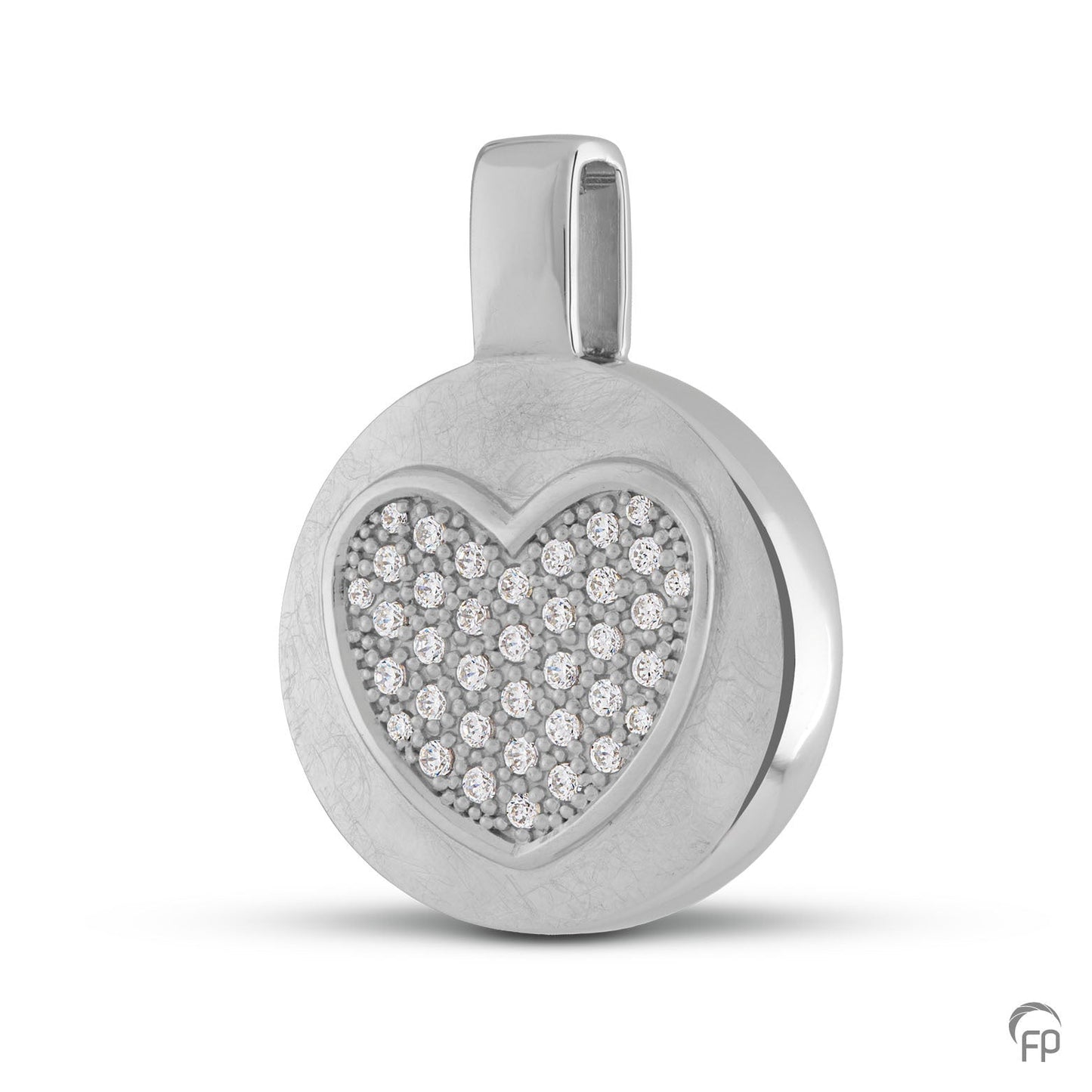 Ronde hanger met in het midden een hartje, in zilver uitgevoerd met zirkonia's, in goud met diamanten.  De ashangers uit deze collectie gedenksieraden zijn eenvoudig zelf te vullen