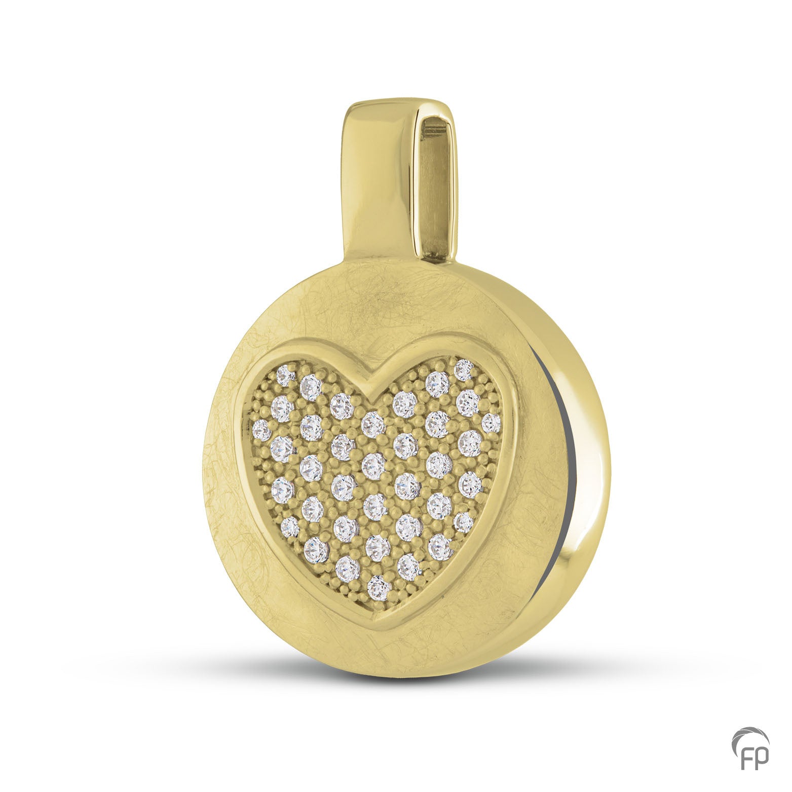 Ronde hanger met in het midden een hartje, in zilver uitgevoerd met zirkonia's, in goud met diamanten.  De ashangers uit deze collectie gedenksieraden zijn eenvoudig zelf te vullen