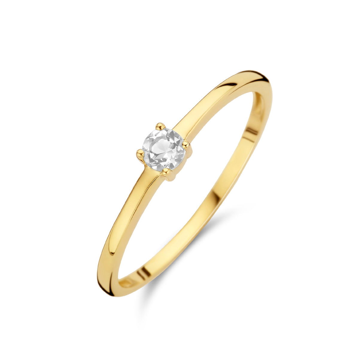  Exclusieve 14 KT geelgouden ring 3 mm met geboortesteen april uit onze collectie geboortesieraden. 