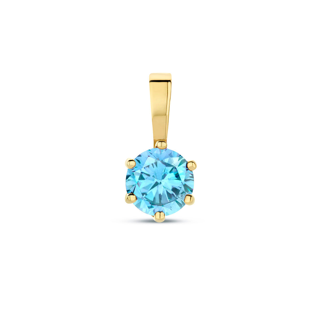 Exclusieve 14 KT geelgouden hanger met geboortesteen maart uit onze collectie geboortesieraden.