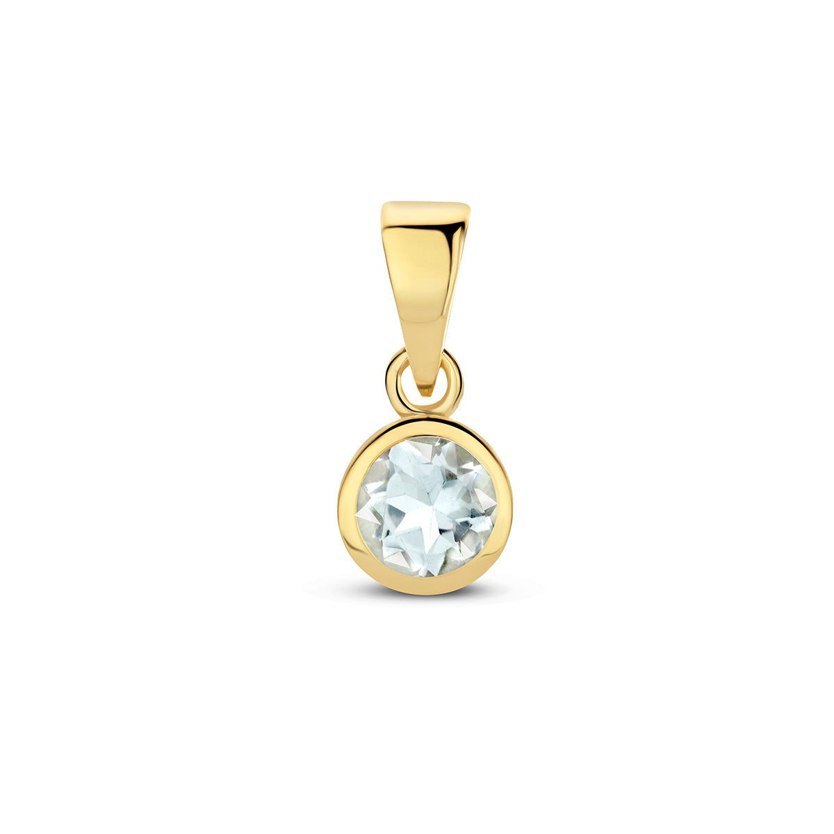Exclusieve 14 KT geelgouden hanger met geboortesteen maart uit onze collectie geboortesieraden.