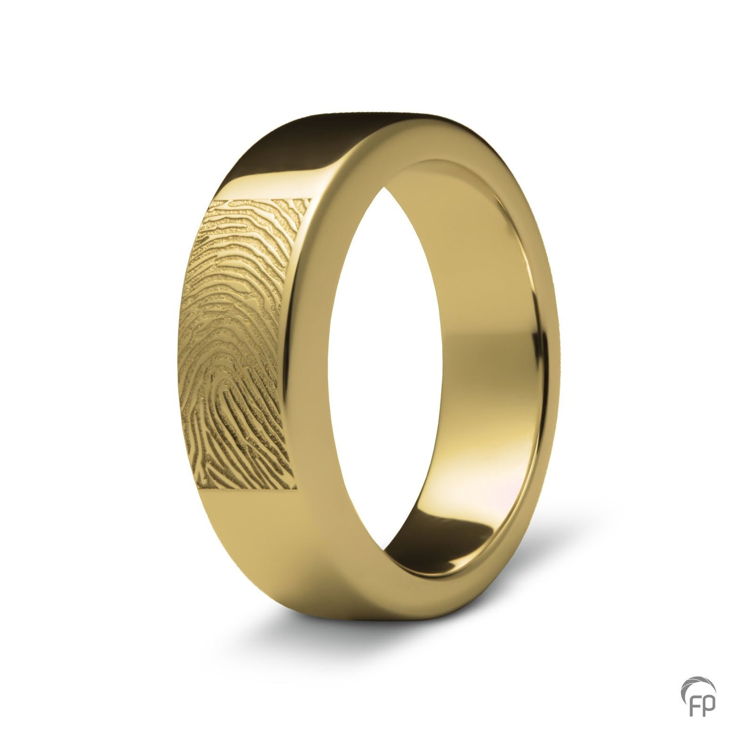 Deze asring van 6 mm breedte met vingerafdruk is heeft een subtiel weggewerkt askamertje, waar een symbolische hoeveelheid as of haar in kan bewaard worden. 