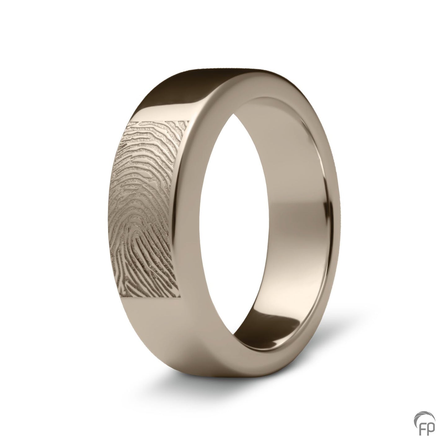 Deze asring van 6 mm breedte met vingerafdruk is heeft een subtiel weggewerkt askamertje, waar een symbolische hoeveelheid as of haar in kan bewaard worden. 