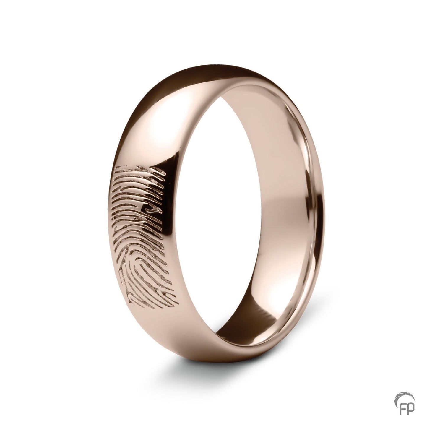 Deze ring van 6 mm breedte met vingerafdruk, heeft een stijlvol en strak design. Het is een tijdloos gedenksieraad met een afwerking naar keuze in glans of matte look. 