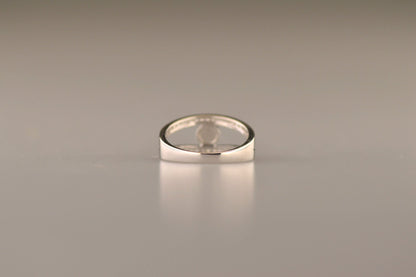Gedenksieraad, ring waar aan de bovenzijde zichtbaar as of haar verwerkt wordt. In de bovenste helft van de ringband zijn subtiel edelstenen naar keuze gezet. Alle