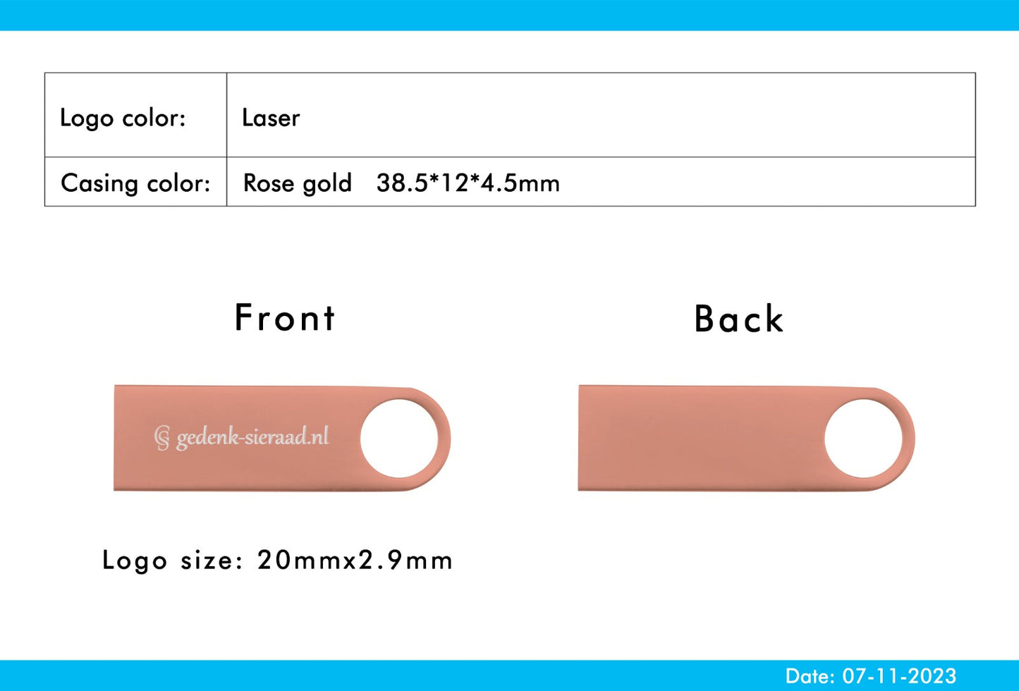 USB stick 16 GB/3.0 flash drive. Afmetingen: 38,5x12x4,5 mm. Kleur : rosé gold. Opdruk : gedenk-sieraad.nl. Inclusief sleutelhanger split ring in rosé gold kleur.alle