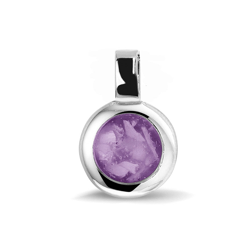 Ronde ashanger, gedenksieraad, waar as en haar in verwerkt wordt.purple