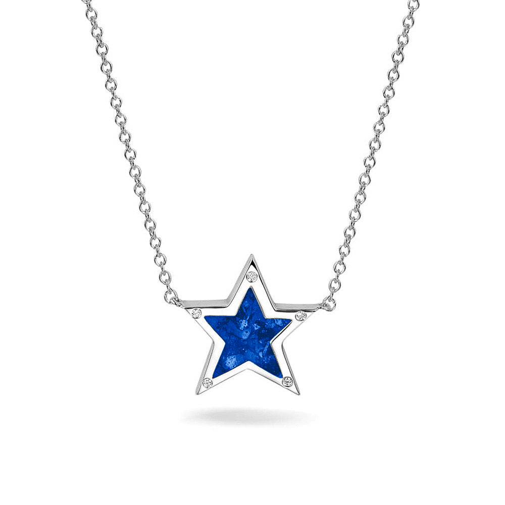 Ashanger ster, gedenksieraad, waar as en haar in verwerkt wordt. Blue