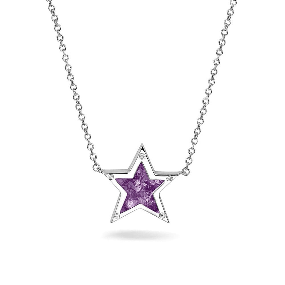 Ashanger ster, gedenksieraad, waar as en haar in verwerkt wordt. Purple