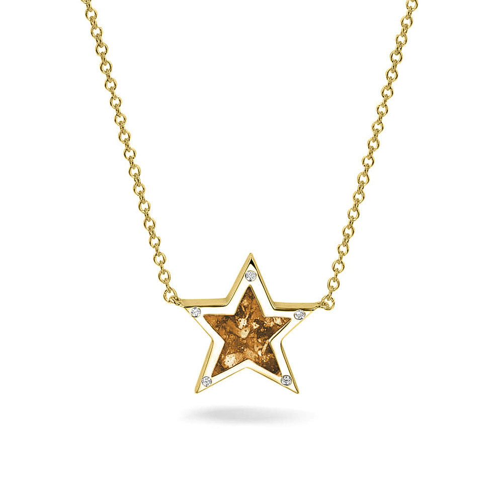Ashanger ster, gedenksieraad, waar as en haar in verwerkt wordt. Gold