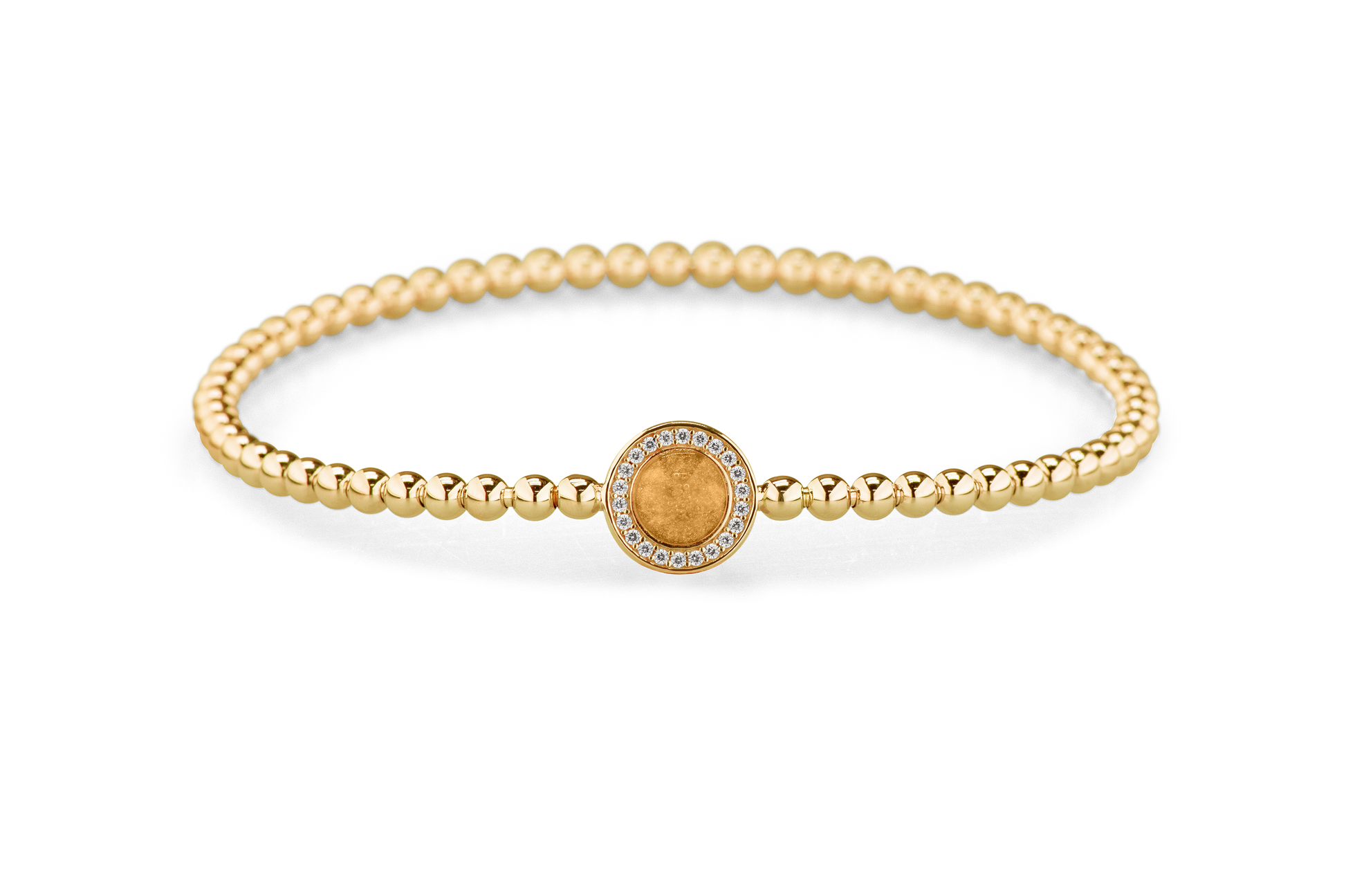 Flexibele as armband met rondje als compartiment gezet rondom met zirconia's voor as of haar. Gold