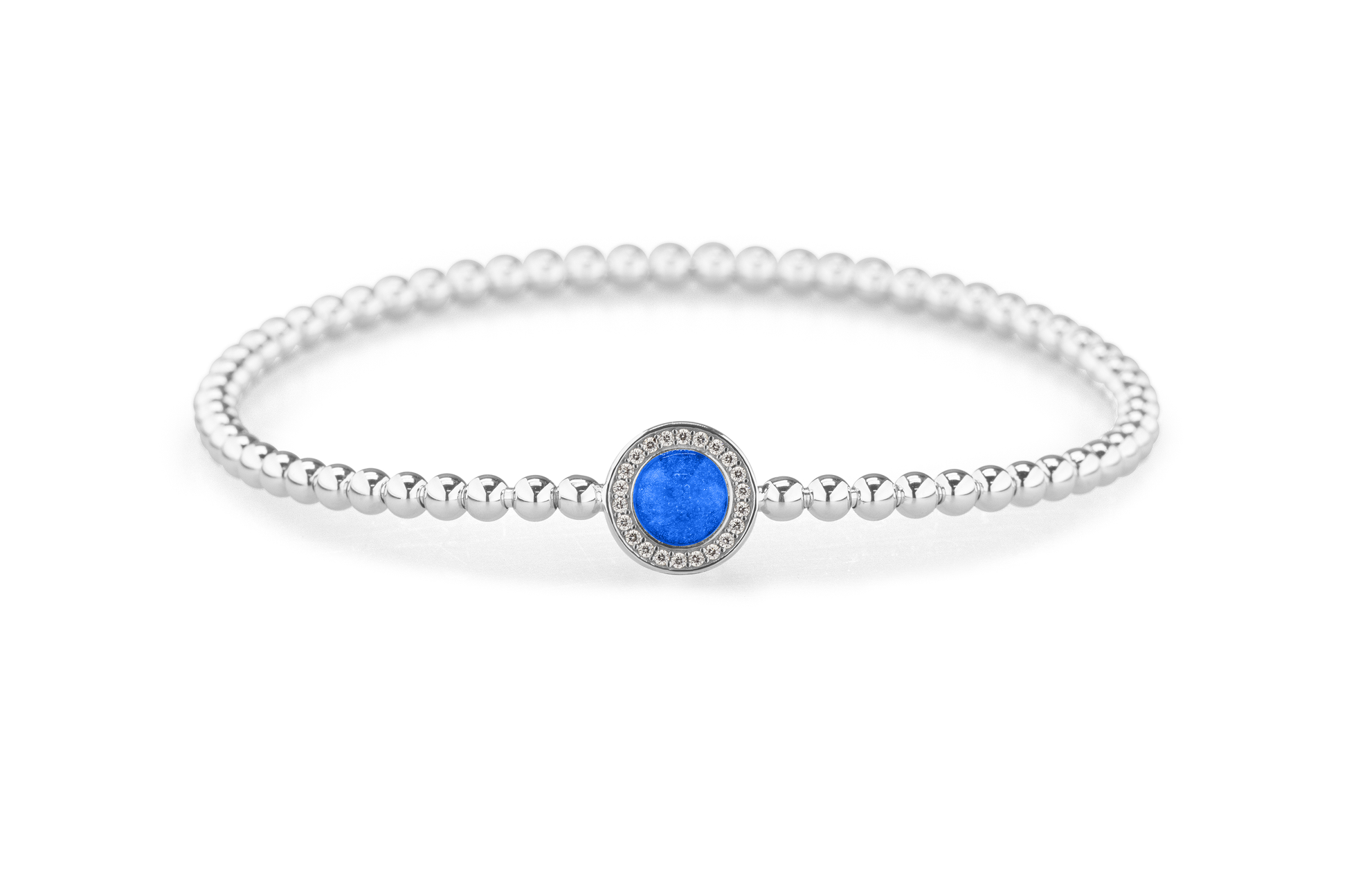 Flexibele as armband met rondje als compartiment gezet rondom met zirconia's voor as of haar. Blue