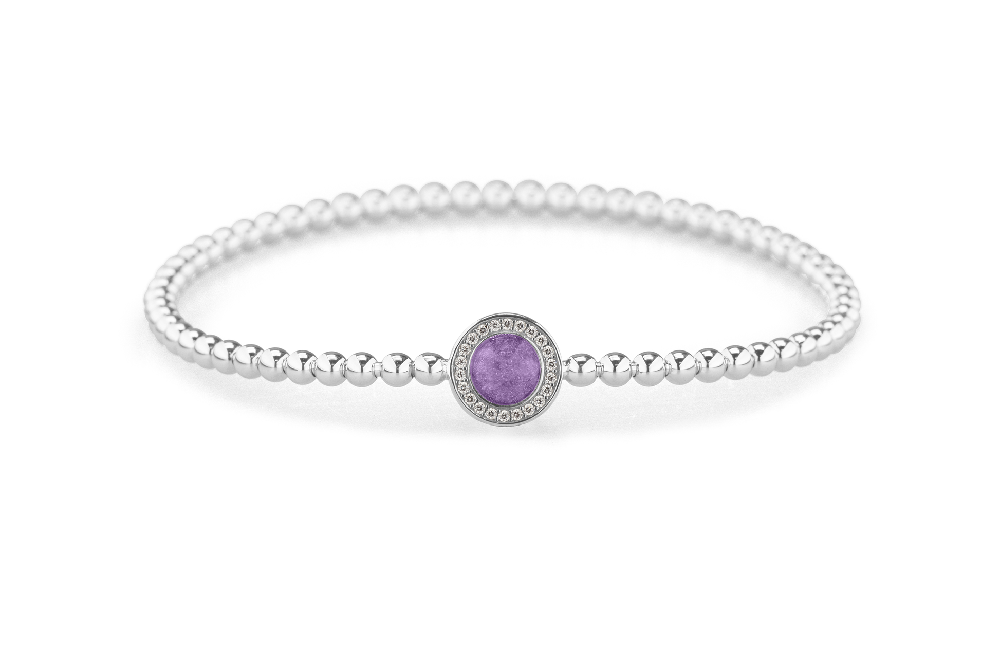 Flexibele as armband met rondje als compartiment gezet rondom met zirconia's voor as of haar. Purple