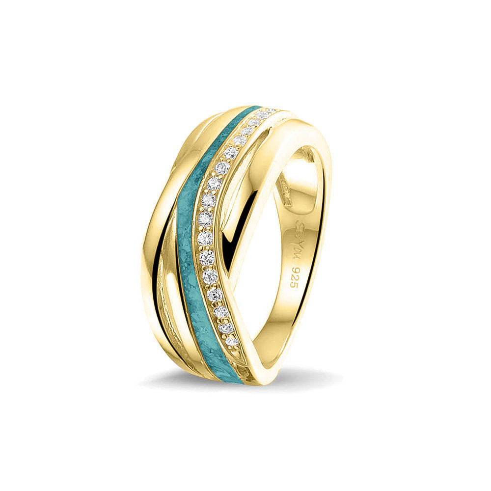 Gedenksieraad, creatieve ring 8 mm waar aan de bovenzijde zichtbaar as of haar verwerkt wordt in een deel van de ringband, een andere band is gezet met zirkonia's of diamanten naar keuze. Aqua