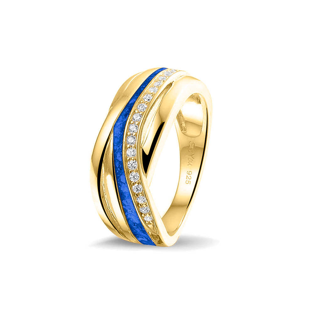 Gedenksieraad, creatieve ring 8 mm waar aan de bovenzijde zichtbaar as of haar verwerkt wordt in een deel van de ringband, een andere band is gezet met zirkonia's of diamanten naar keuze. Blue