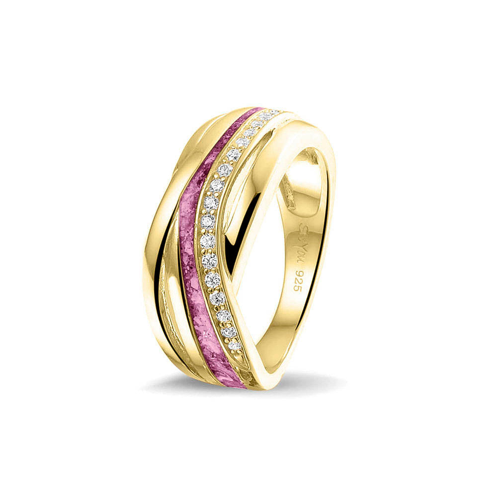 Gedenksieraad, creatieve ring 8 mm waar aan de bovenzijde zichtbaar as of haar verwerkt wordt in een deel van de ringband, een andere band is gezet met zirkonia's of diamanten naar keuze. Fluo