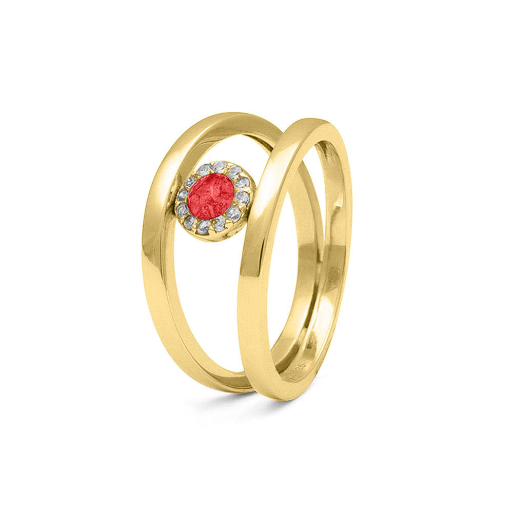 Gedenksieraad, gladde ring waar aan de bovenzijde zichtbaar as of haar verwerkt wordt, rondom gezet met zirkonia's of diamanten naar keuze. Red