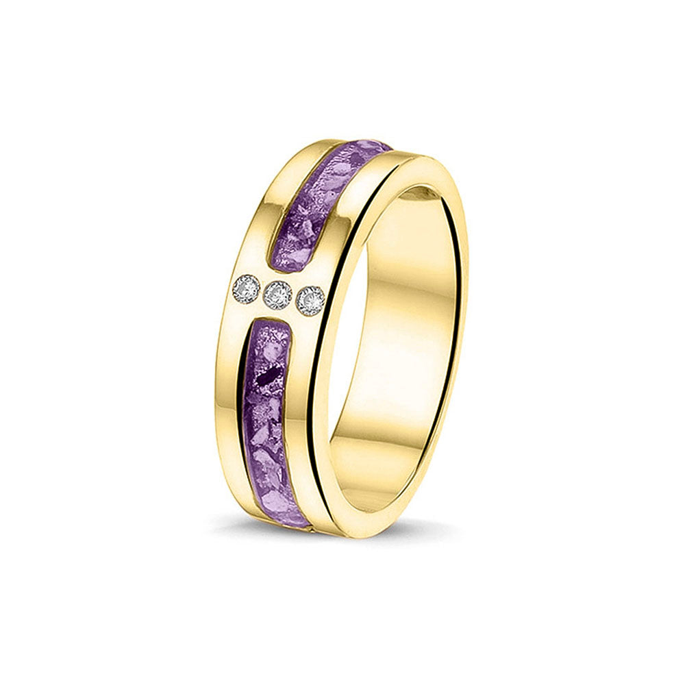Asring 6 mm uit onze serie gedenksieraden, waar zichtbaar as of haar verwerkt wordt in twee separate compartimenten met in het midden drie stuks zirkonia's of diamanten naar keuze. Purple
