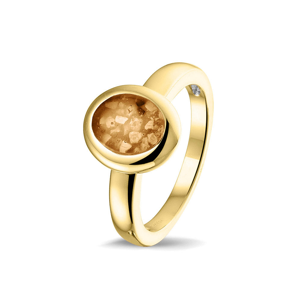 Gedenksieraad, gladde ring 3 mm waar aan de ovale bovenzijde zichtbaar as of haar (of eventueel melktandjes of moedermelk) verwerkt wordt. Gold