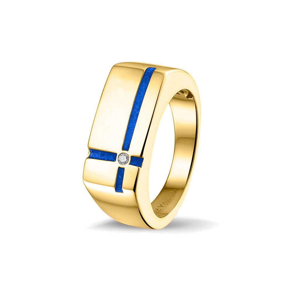 Ring als gedenksieraad 10 breed met twee strepen gescheiden door een zirkonia aan de voorzijde, waar as of haar  in verwerkt wordt. Blue