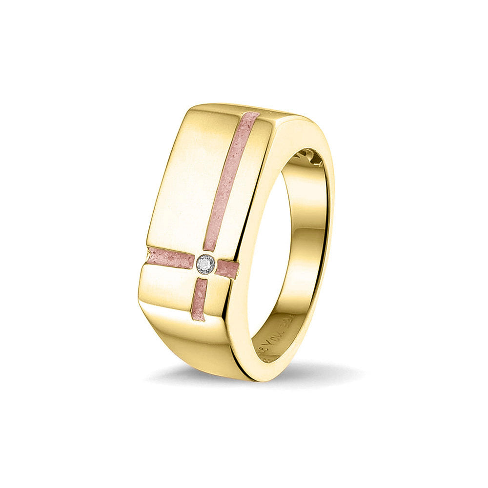 Ring als gedenksieraad 10 breed met twee strepen gescheiden door een zirkonia aan de voorzijde, waar as of haar  in verwerkt wordt. Blush