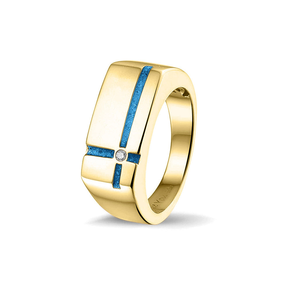 Ring als gedenksieraad 10 breed met twee strepen gescheiden door een zirkonia aan de voorzijde, waar as of haar  in verwerkt wordt. Marine