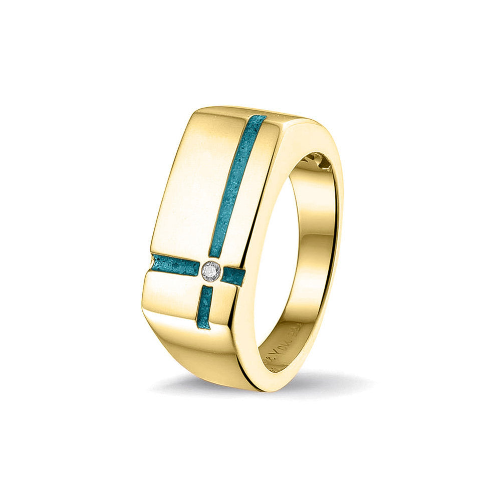 Ring als gedenksieraad 10 breed met twee strepen gescheiden door een zirkonia aan de voorzijde, waar as of haar  in verwerkt wordt. Turquoise
