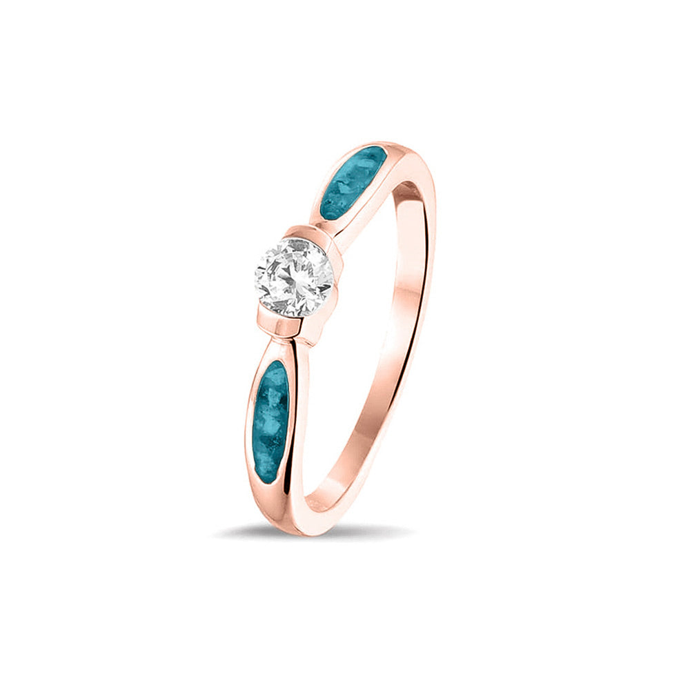  Gedenksieraad, ring 3 mm met edelsteen naar keuze, geflankeerd door twee compartimenten waar zichtbaar as of haar  in verwerkt wordt. Turquoise