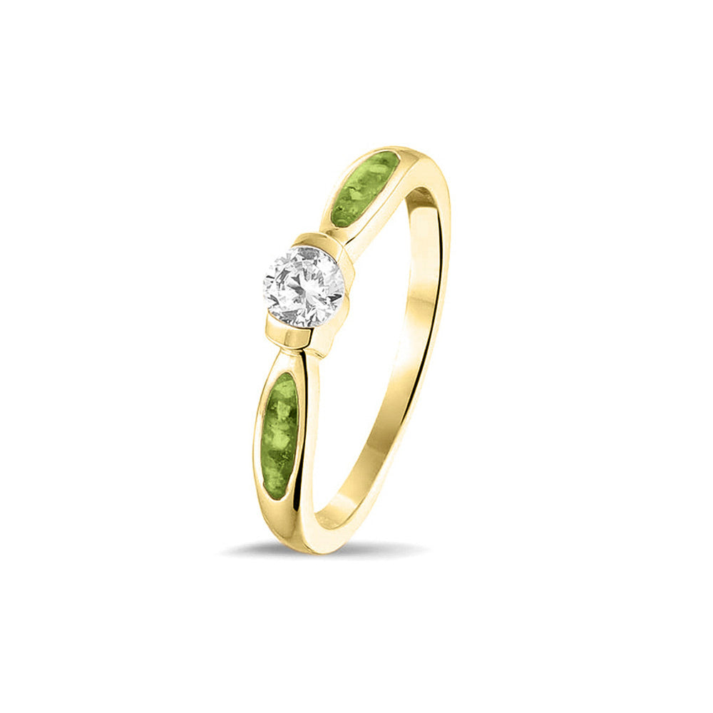  Gedenksieraad, ring 3 mm met edelsteen naar keuze, geflankeerd door twee compartimenten waar zichtbaar as of haar  in verwerkt wordt. Green