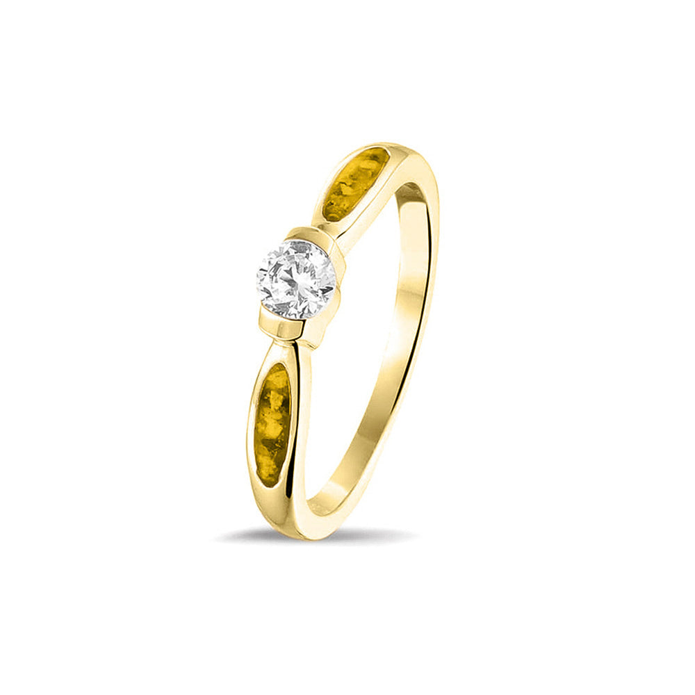  Gedenksieraad, ring 3 mm met edelsteen naar keuze, geflankeerd door twee compartimenten waar zichtbaar as of haar  in verwerkt wordt. Yellow