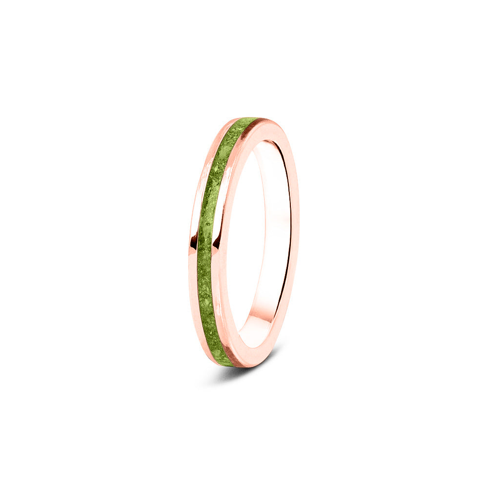 Gedenksieraad, ring 3 mm rondom zichtbaar gevuld met as of haar. Het vullen en sealen met onze speciale hars wordt in onze ambachtelijke edelsmederij gedaan. Green