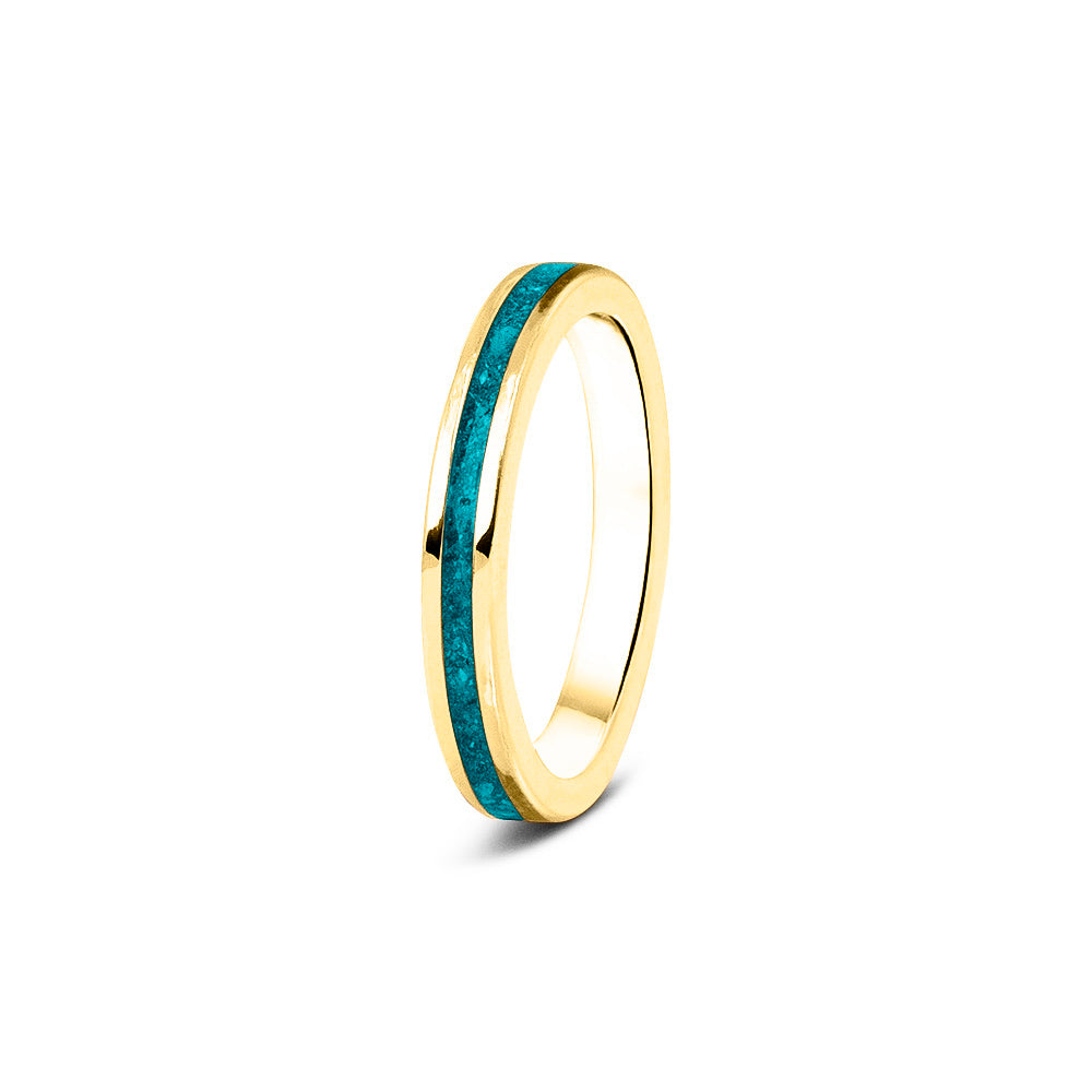 Gedenksieraad, ring 3 mm rondom zichtbaar gevuld met as of haar. Het vullen en sealen met onze speciale hars wordt in onze ambachtelijke edelsmederij gedaan. Turquoise