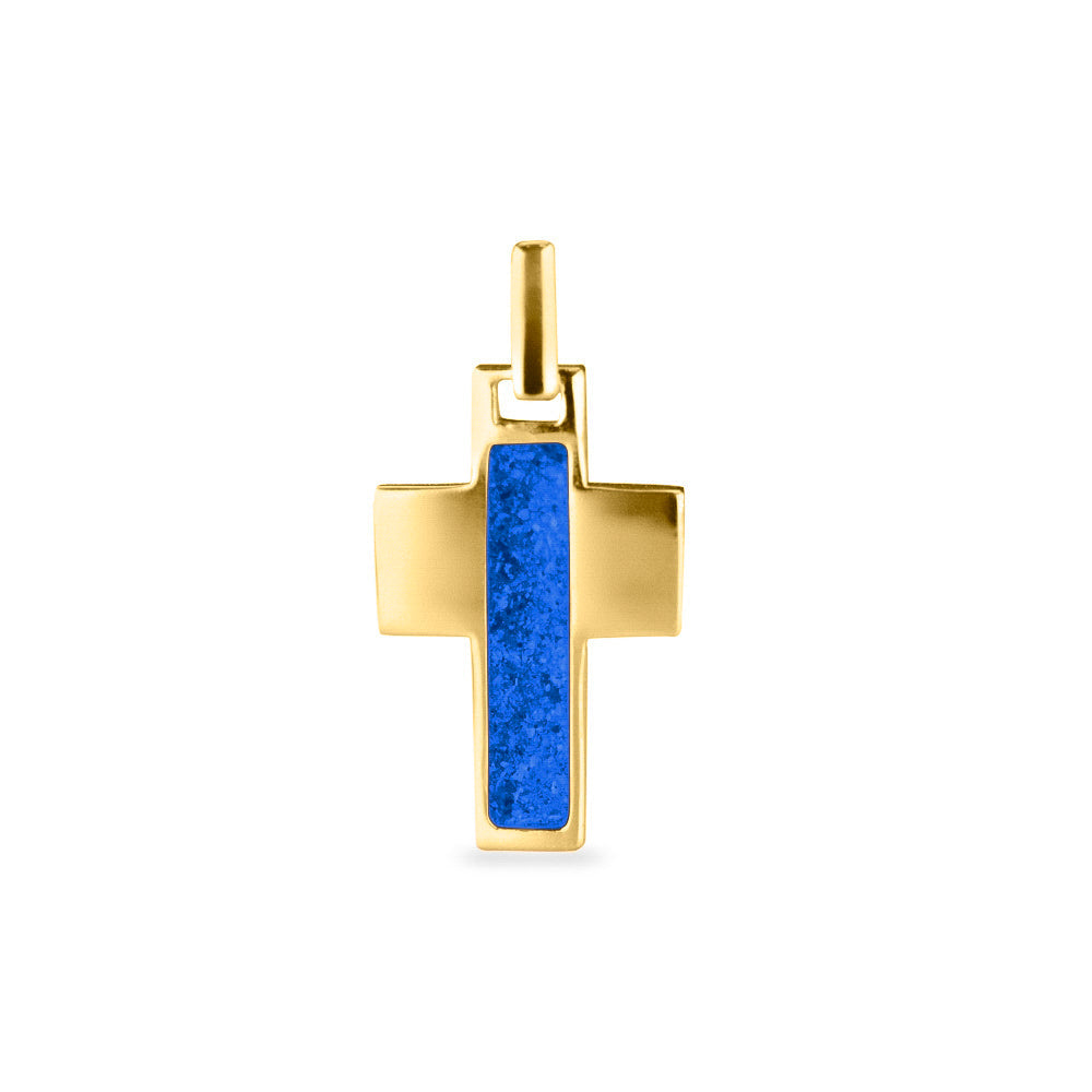 Ashanger kruis, gedenksieraad, waar as en haar in verwerkt wordt. Blue