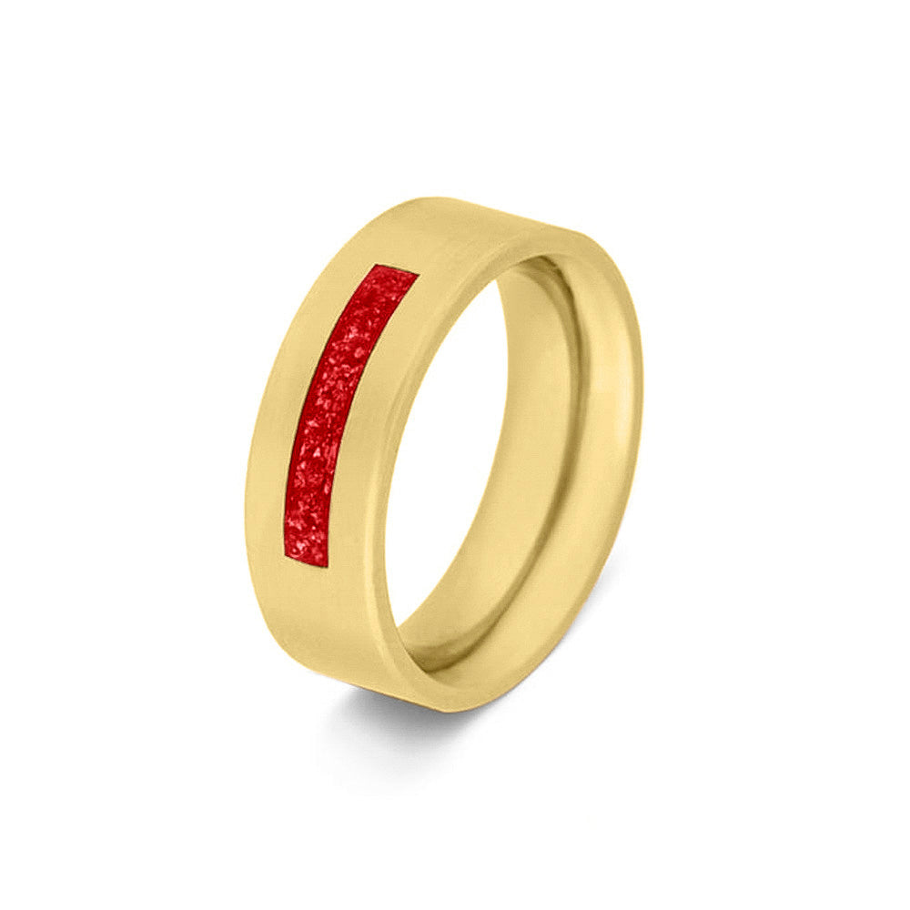 Ring als gedenksieraad 8 mm breed waar de ruimte aan de bovenzijde met as of haar verwerkt wordt.Red
