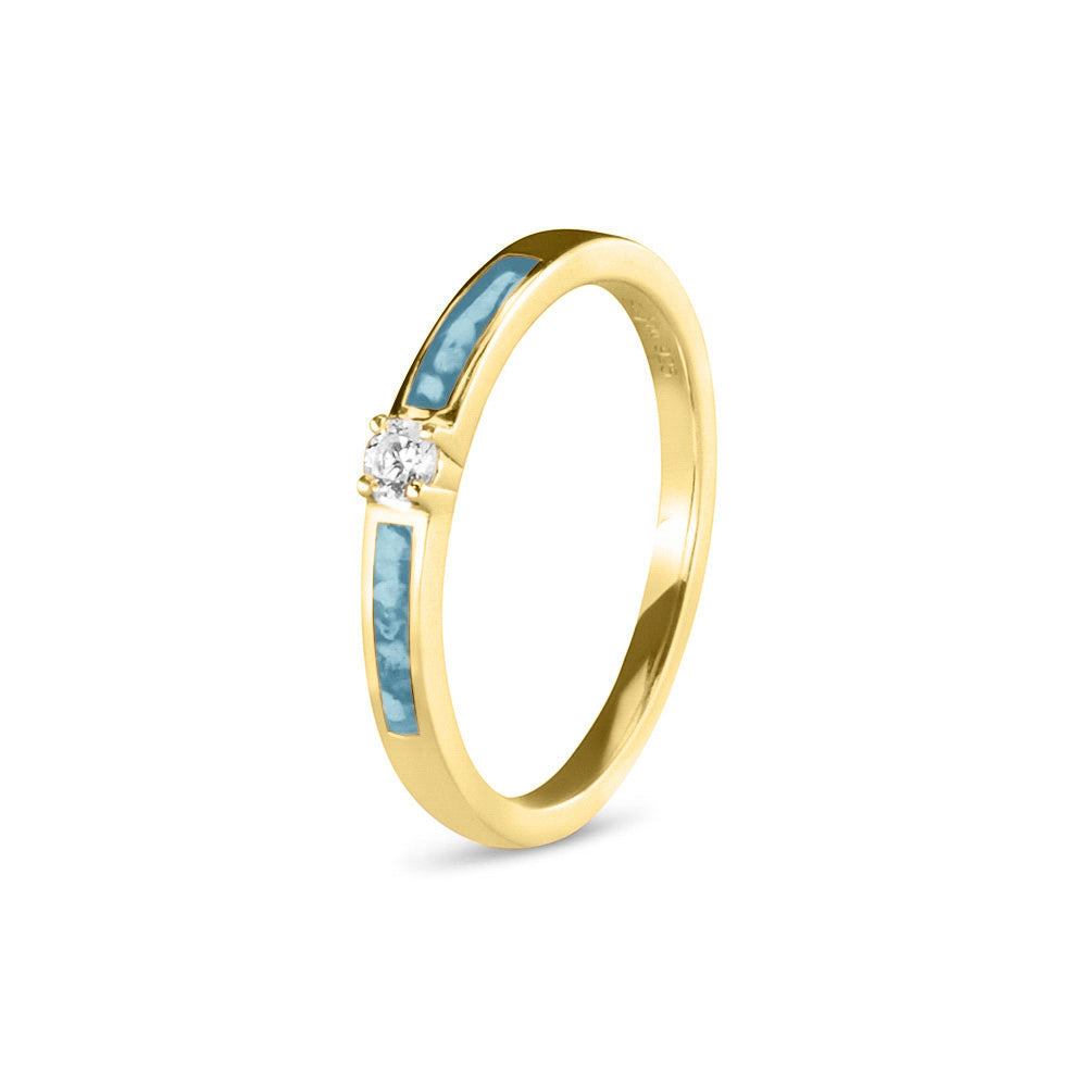 Gedenksieraad, ring 3 mm met (zirkonia of diamant), geflankeerd door twee compartimenten waar zichtbaar as of haar  in verwerkt wordt. Baby