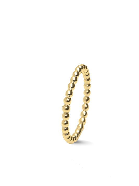 Geelgouden aanschuifring met bolletjes, trendy ring die gedragen wordt in combinatie met andere ringen uit de collectie gedenksieraden